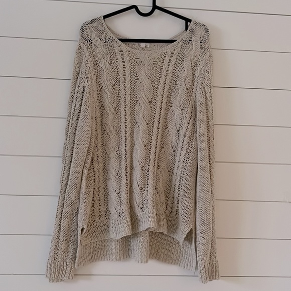Garnet Hill Sweaters - Garnet Hill Size L Easy Cabled Pullover Sweater Linen/Cotton High/Low